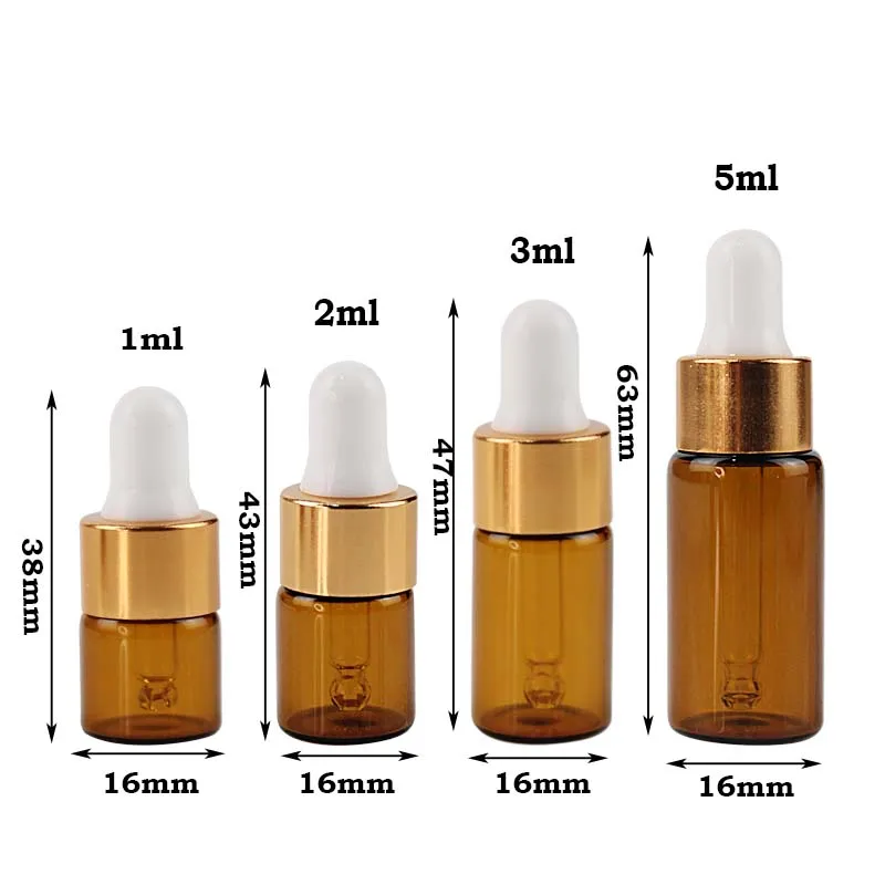 10pcs 1ml 2ml 3ml 5ml 앰버 미니 유리 Dropper 병 에센셜 오일에 대 한 골드 모자와 빈 리필 되나요 투명 유리 튜브