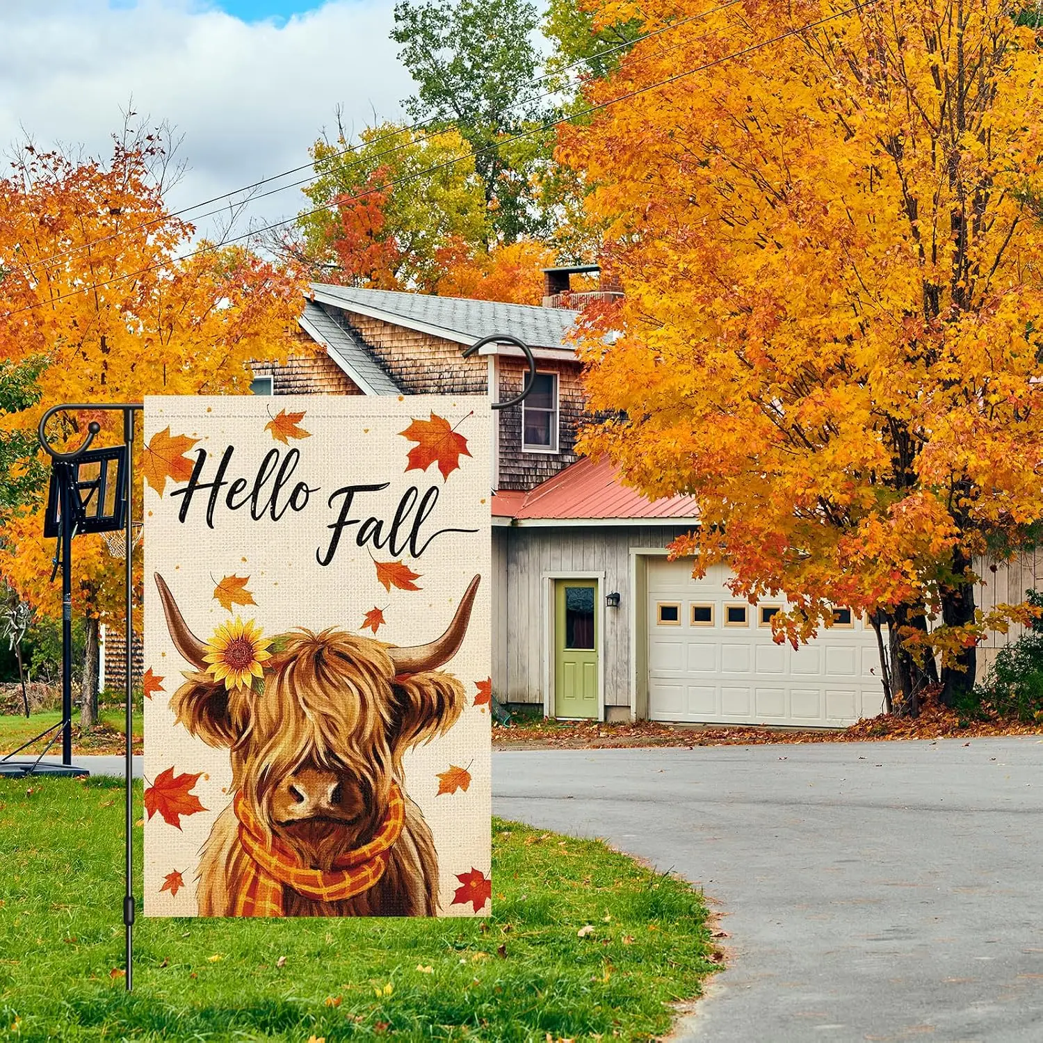 Hello Fall Garden Flag Highland Cow with Sunflower 12x18 Inch Double Sided Autumn Maple Leaves Rustic Small Burlap Yard Flag aaz