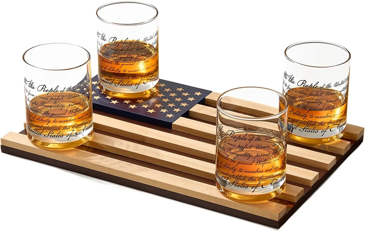 Whiskey Glasses \u2013 United States Constitution - Wood  Tray & Set of 4 We The People 10oz America Glassware, Old Fashione