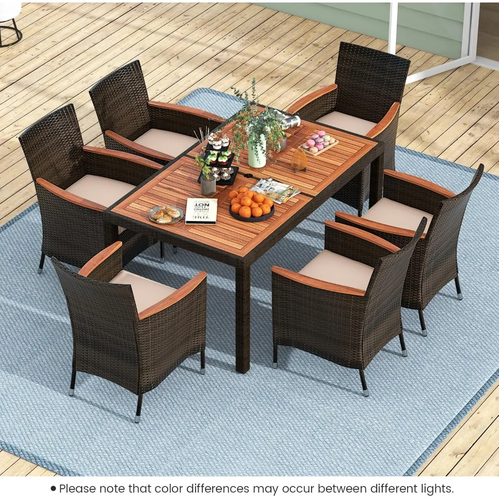 7 Pieces Outdoor Wicker Dining Set, Patio Dining Set with Acacia Wood Table and 6 Stackable Chairs, Outdoor Table and Chairs Set