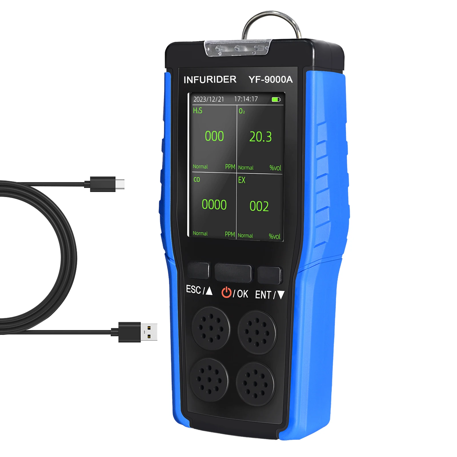 HP-9000A 4-in-1 Gas Detector with 2500mAh Rechargeable Battery Sound Light Vibration Alarm - O2 H2S CO EX Monitor