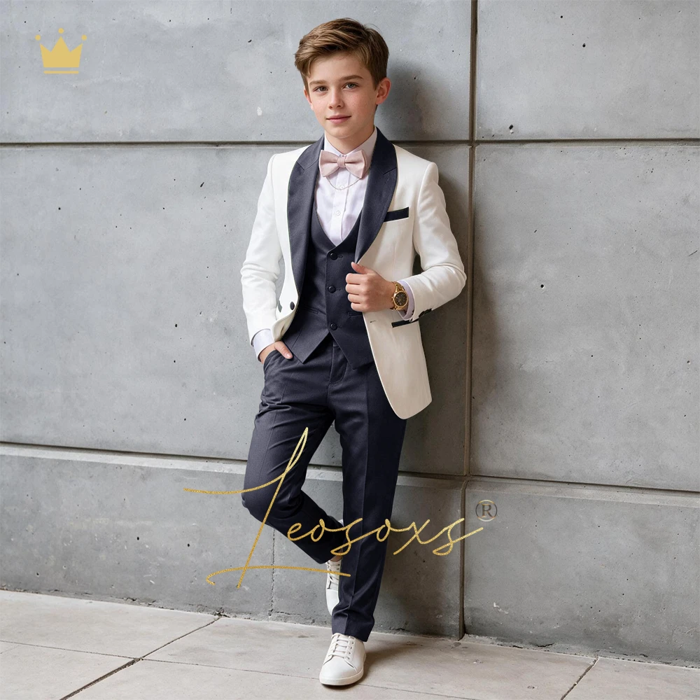 Kids Luxury Custom 3-Piece Tuxedo Set with Contrast Trim Slim Fit Gentleman Style Birthday Party Performance Outfit