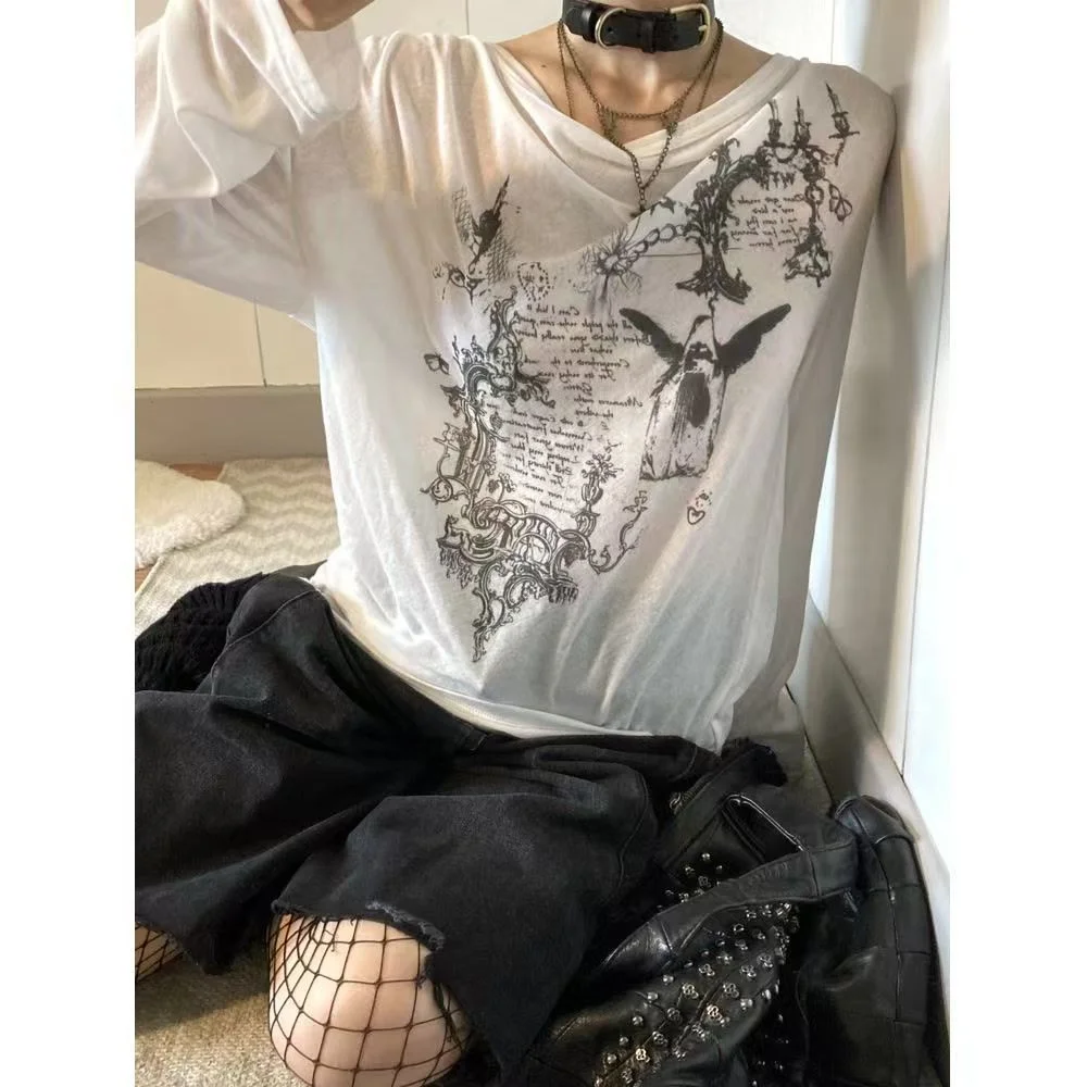 Y2K Grunge Cow Print Long Sleeve T Shirt Women Vintage Drape Neck Loose White Tops Gothic Aesthetic Casual Fairy Grunge Street