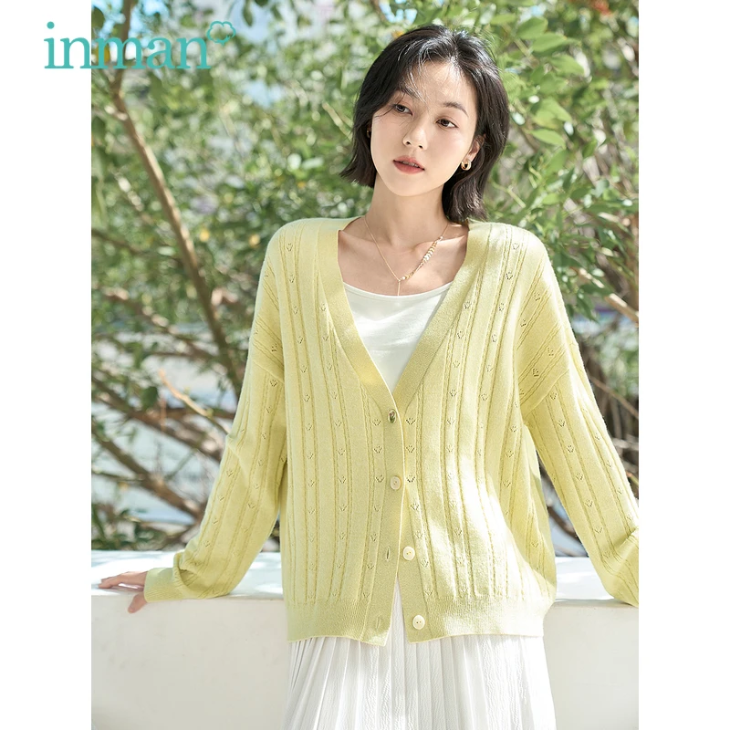 

INMAN Women Knitted Cardigan 2023 Spring Long Sleeve V-neck Loose Sweater Exquisite Floral Buttons Simple Versatile Outwear Tops