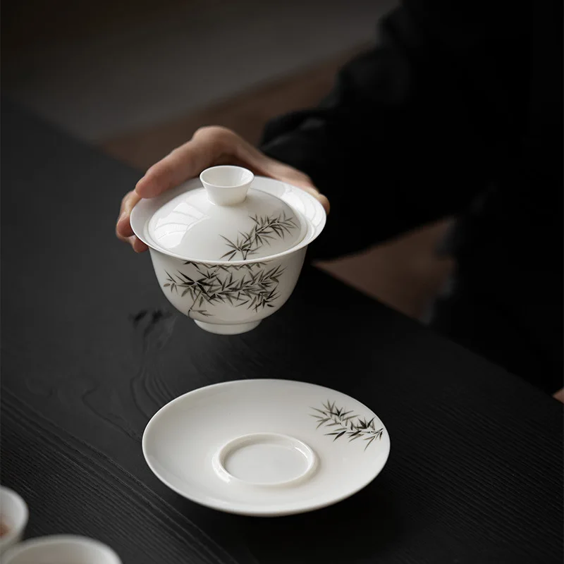 Co branded Three Talents Covering Bowls, Hand Painted Ink Bamboo World Tea Bowls, Ceramic Household Tea Bowls, and Literati