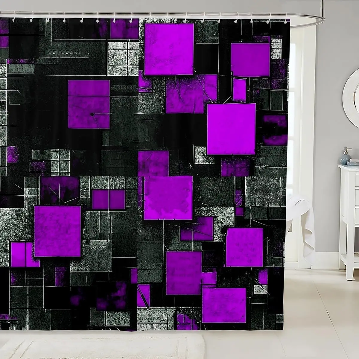 

Kids Purple Black Bath Curtain Geometric Grid Shower Curtain Geometrics Bathroom Shower Curtain Set Abstract Art Kids Bathroom