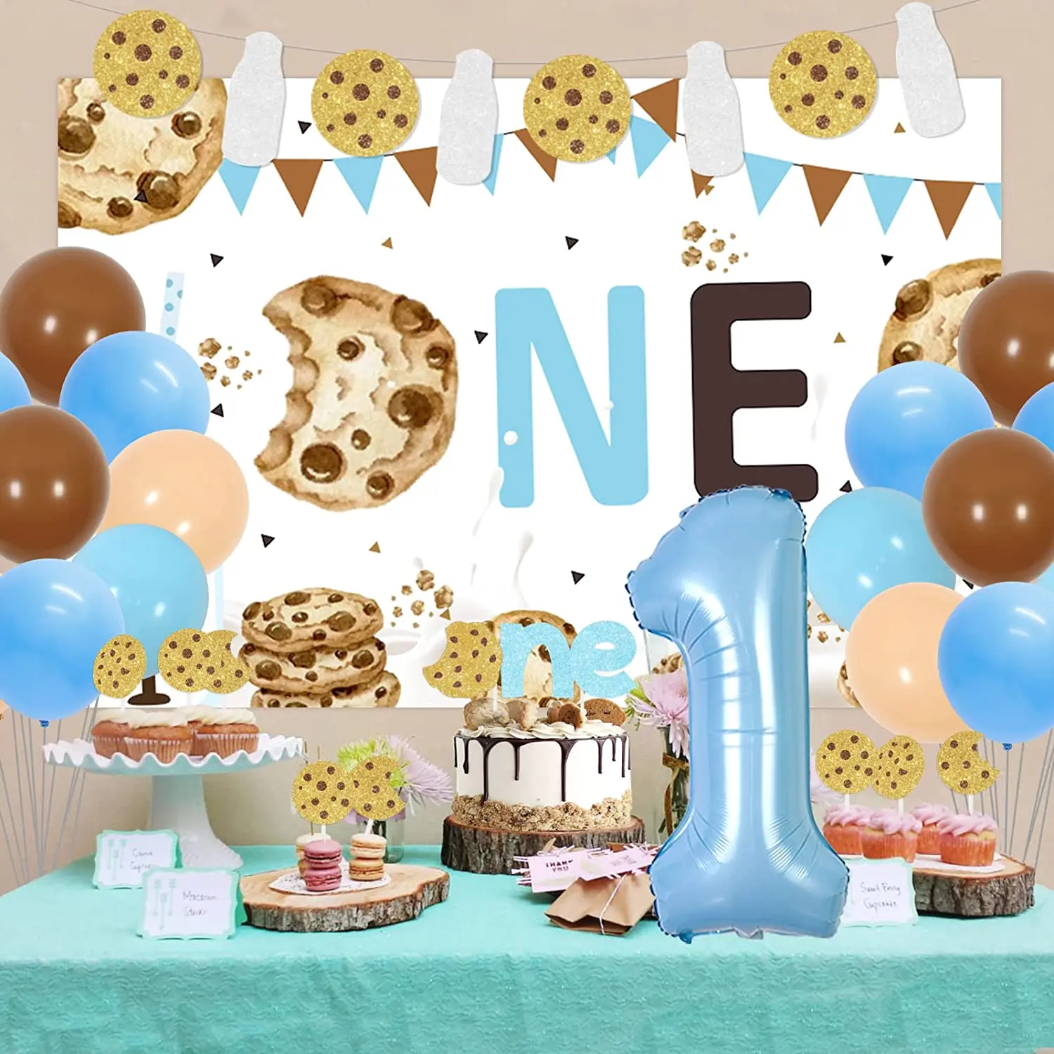 JOYMEMO latte e biscotti decorazioni per la prima festa di compleanno con latte e biscotti Banner sfondo numero 1 Foil Balloon Cake Topper