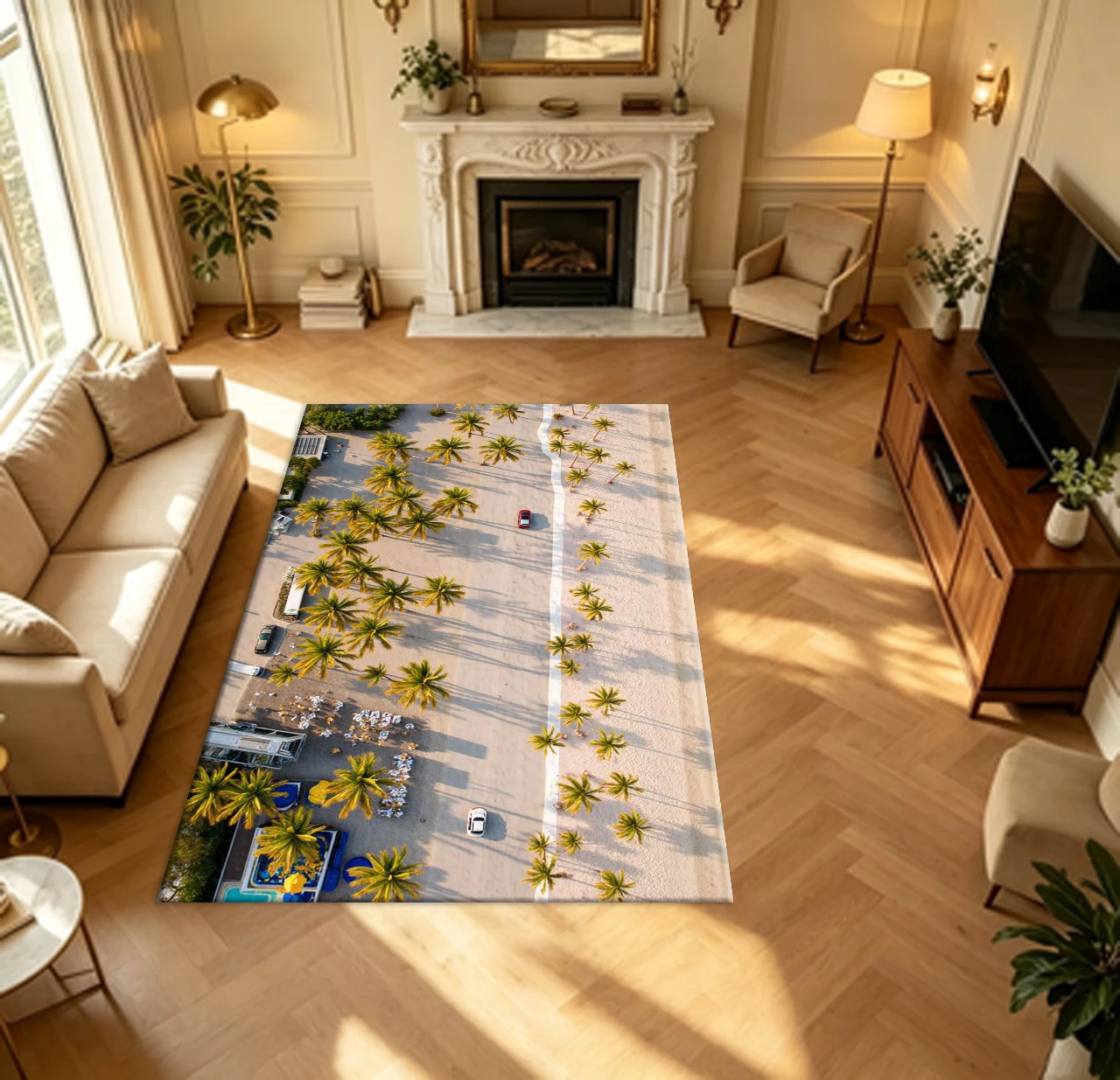 Top-Down Aerial View Beach Coconut Palm Trees carpet flooring Tropical Seaside Area Rug