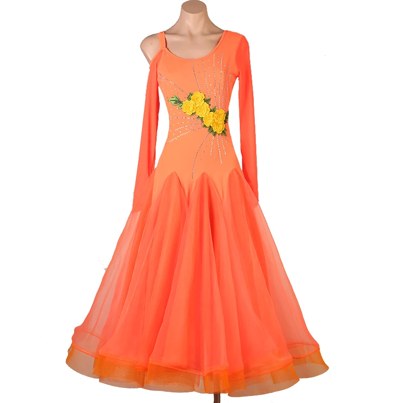 Orange Modern High-end Diamond Attached Performance Competition Uniform National Standard Waltz Dance Dress