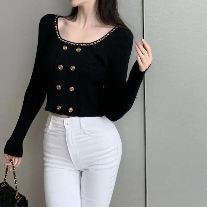 Design Inspired Square Neck Slim Fit Long Sleeved Knitted Base Shirt for Women's Autumn Sexy Hot Girl Top Trend