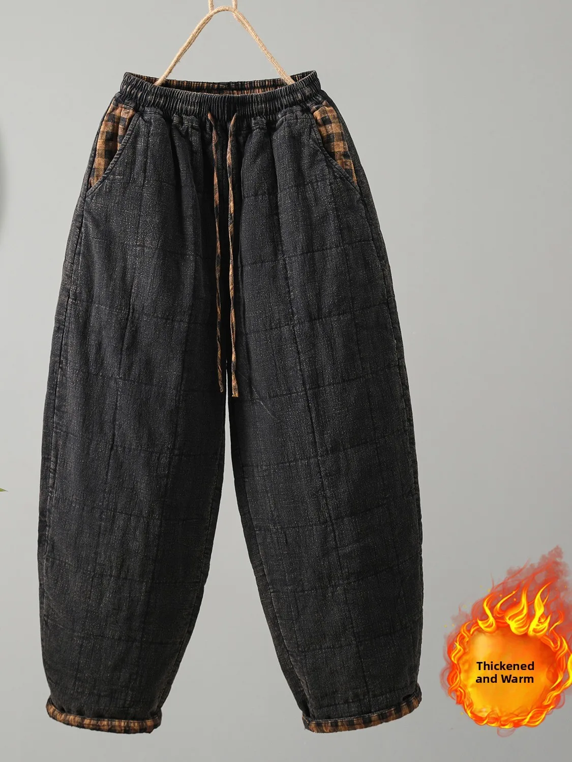 Retro Dyed Hemp Pants Women's Winter Cold Resistant Warm Large Size Outerwear Lantern Pants Home Cotton Trousers