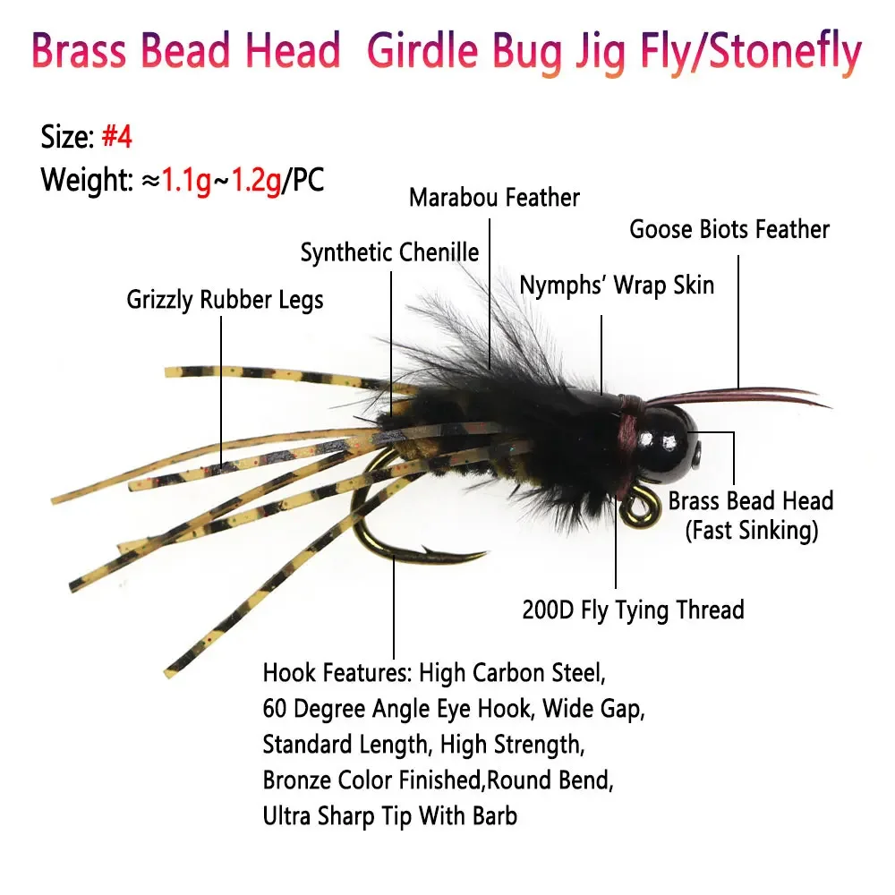 Bimoo 6PCS #4 Brass Bead Head Girdle Bug Jig Fly Grizzly Rubber Legs Fast Sink Stonefly Barbed Jig Hook Wet Trout Fishing Lures