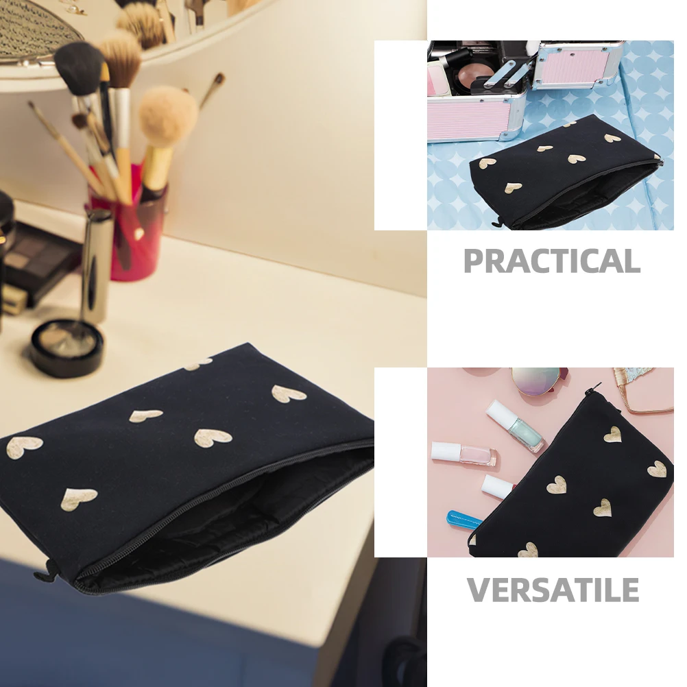Bolsa de maquillaje acolchada con forma de corazón, artículos de tocador pequeños de viaje, bolsas negras, bolso de mujer y hombre, bolsa de almacenamiento ligera y compacta