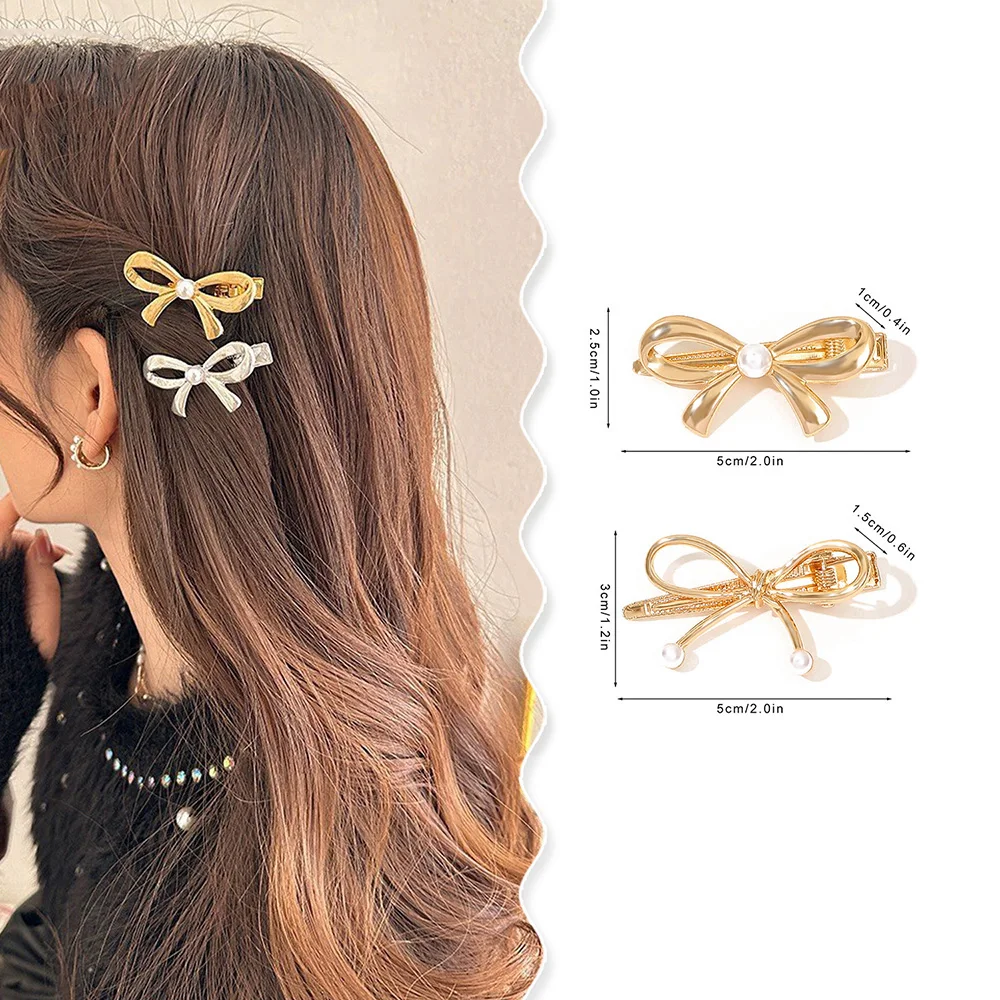 

Girl's Metallic Pearl Bow Cute Hairpins Women's Premium Broken Bangs And Duckbill Clips Hair Accessories