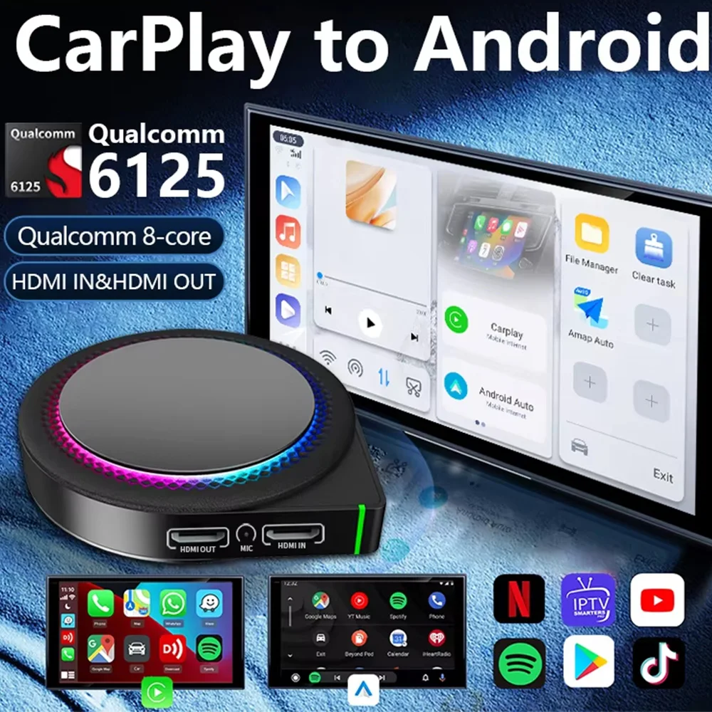 صندوق Carplay Android Auto AI اللاسلكي، التوصيل والتشغيل يناسب السيارات من 2016,3 في 1 Android 13 QCM6125 8+128gb، يدعم أي تطبيق - KT6 Pro