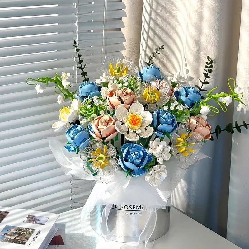 Przezroczyste Klocki Konstrukcyjne Lotos Górski Bukiet do Składania Walentynki Róża DIY Prezenty Festiwalowe Jaśmin Gwieździste Niebo Kwiat