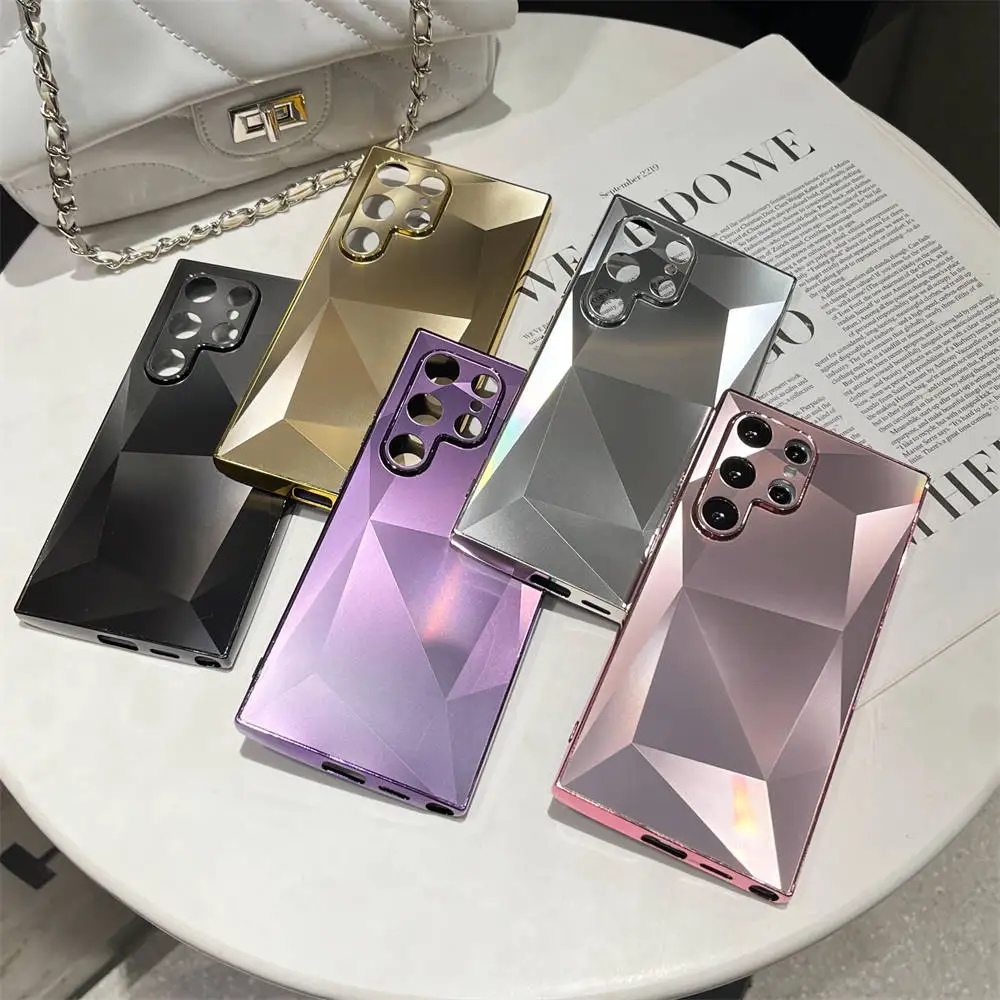 Luxury Plating 3D Diamond Pattern Matte Skin Touch Case for Samsung Galaxy S22 S23 S24 Ultra Shockproof TPU+PC Cover S24 Plus