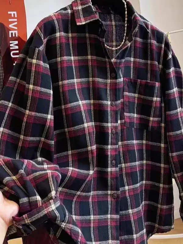 

Весна 2026: Корейский ретро-кардиган в клетку с длинными рукавами, повседневная женская свободная рубашка с отложным воротником для работы и отдыха