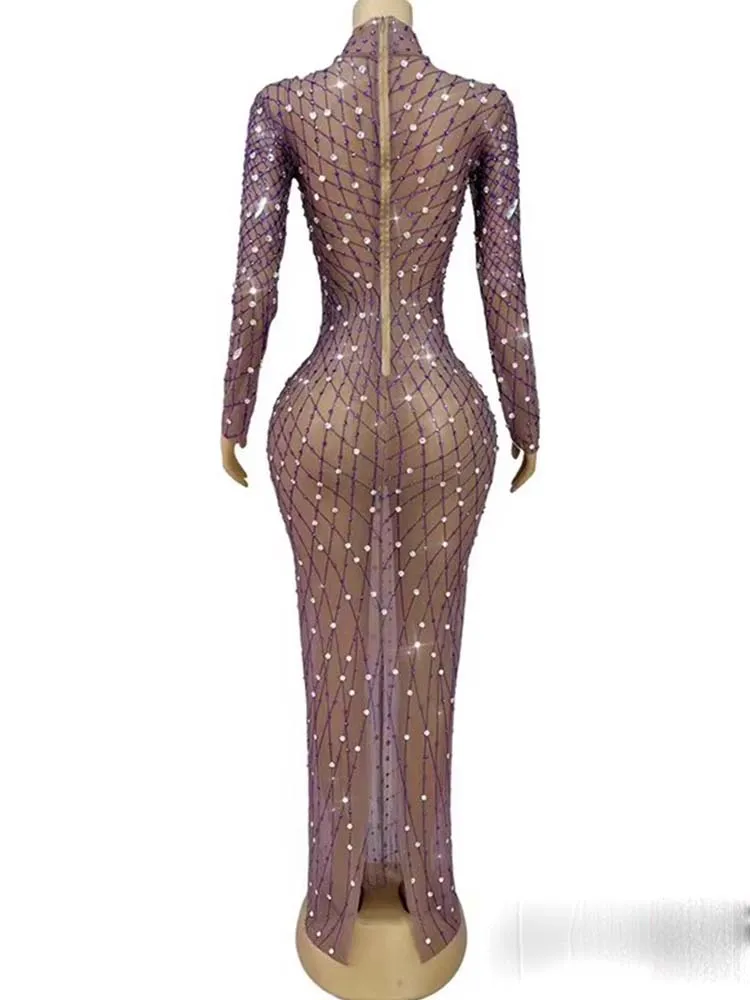 고품질 핫 스탬핑 섹시한 메쉬 탄성 드레스를 통해 볼 2025 새로운 패션 맞춤 여성 의류