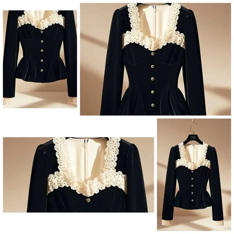 

French Stunning Square Neck Lace Splicing Golden Velvet Top Women's Winter New Light and Mature Niche Design Waist Vintage Shirt