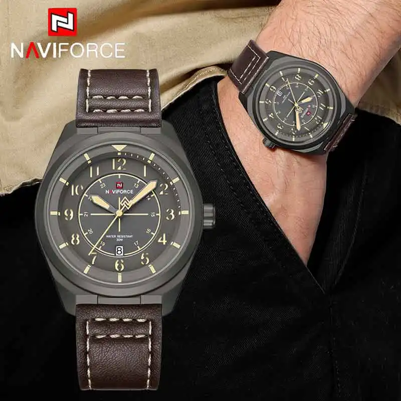 NAVIFORCE 1pc Fashion Man Quartz Watch Automatic Calendar Time Watches 3ATM Waterproof Leather Strap Business Wristwatch