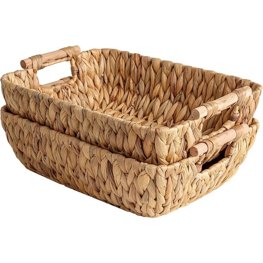 Large Handwoven Water Hyacinth Storage Baskets with Wood Handles Set of Two