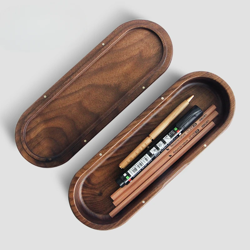 Black Walnut Stationery Box Magnetic Open/Close Utensil Organizer Solid Wood Desktop Pen Holder Multi-Purpose Storage Box