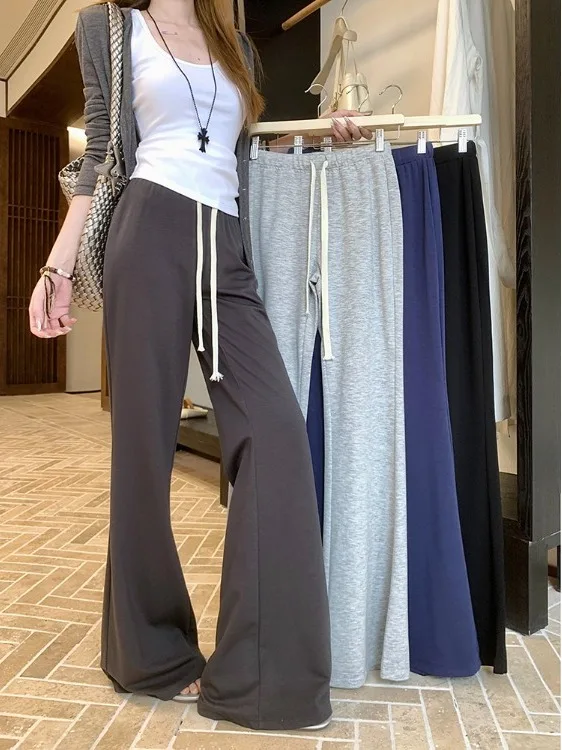 

Женские повседневные брюки с высокой талией на шнурке, расклешенные, свободного кроя, весенняя новинка, драпирующиеся, стройнящие, спортивные, в пол