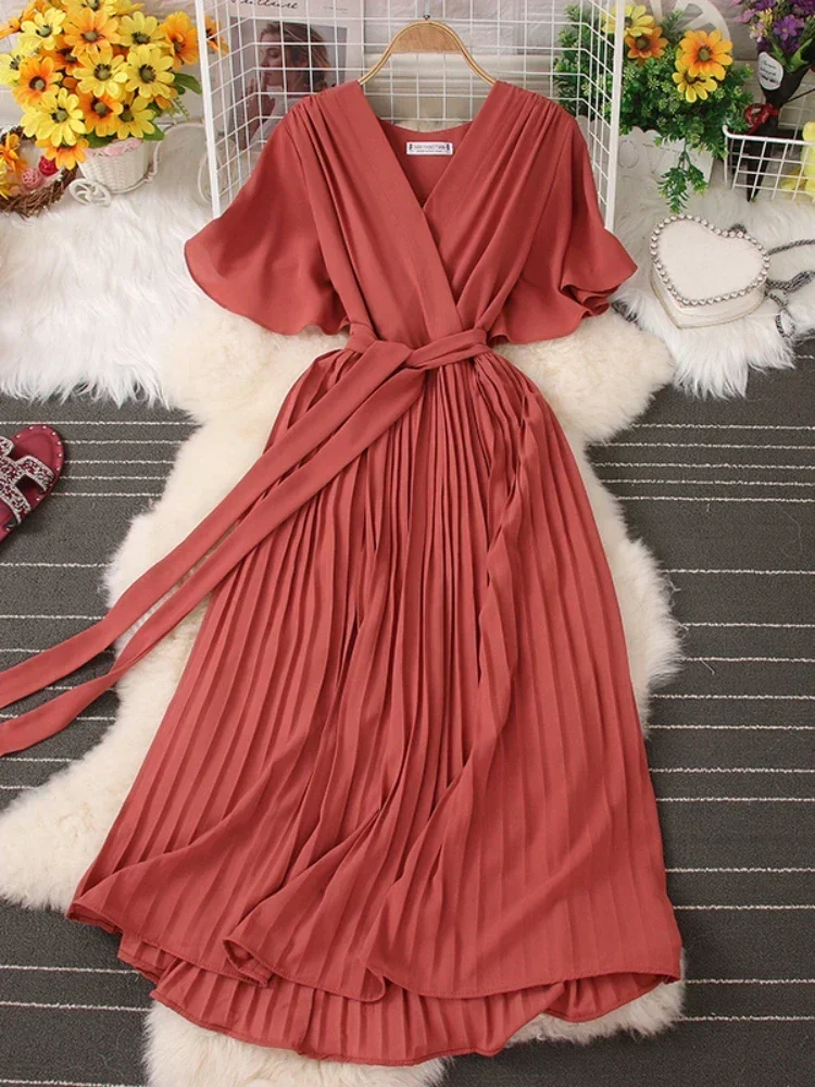 

Женское шифоновое платье со складками, элегантное однотонное повседневное Плиссированное Платье с V-образным вырезом и коротким рукавом, лето 2024