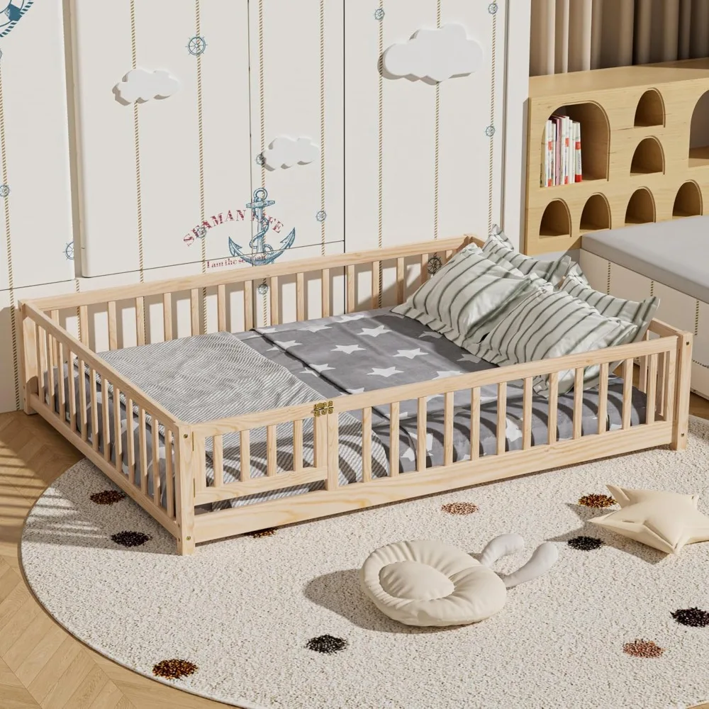 

i-POOK Full Floor Bed for Children, Sturdy Wood Montessori Bed Frame with Wood Slats, Fence & Door, Montessori Floor Bed for Gir