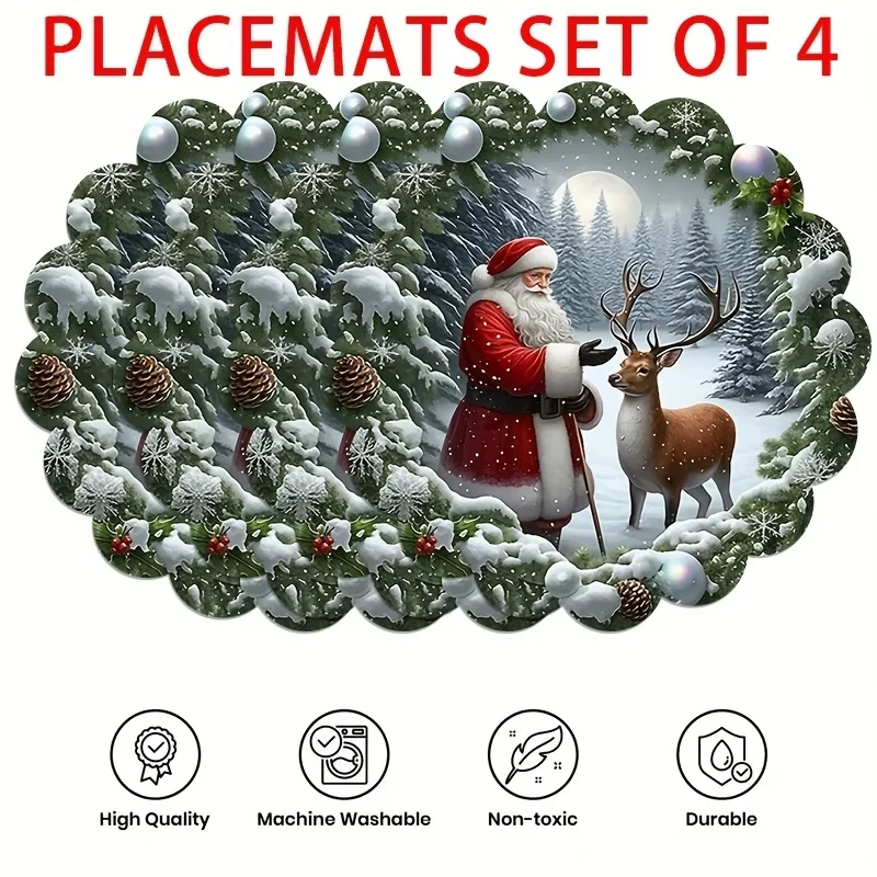4pcs Placemats Featuring Santa Claus And Reindeer.  Design Showcases Santa And The Reindeer, Surrounded by Christmas Elements