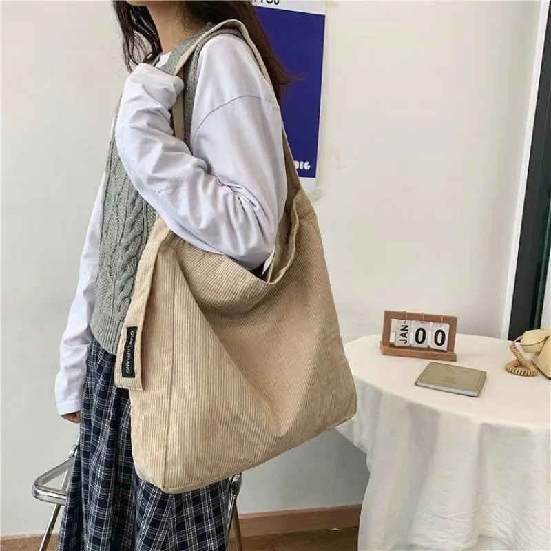 New Large Student Canvas Schoolbag Corduroy Shoulder Shopper Bag For Women Cotton Cloth Fashion Tote Bags Woman Travel Bags