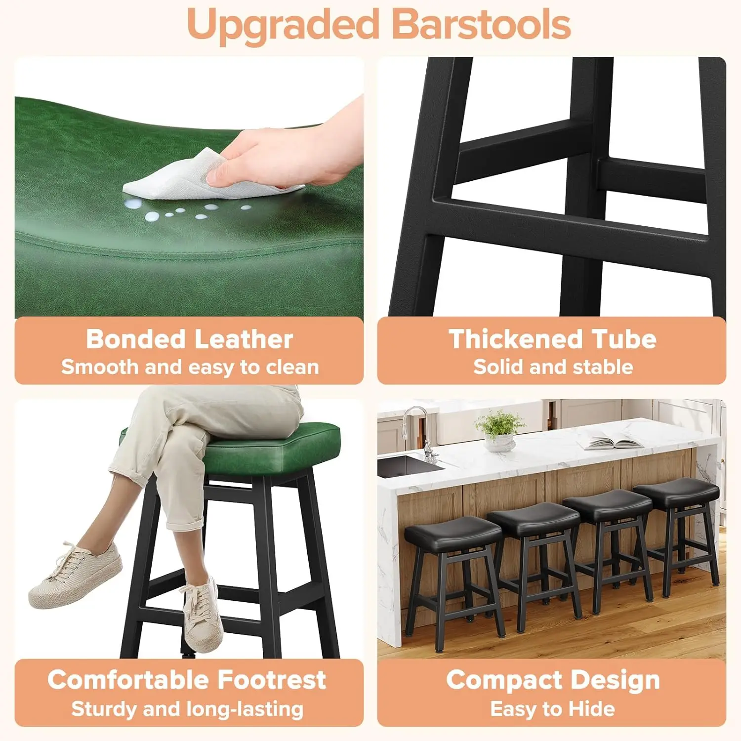 عبوة من 2 مقاعد مضادة مقاس 24 بوصة، ومقاعد سرج من الجلد الصناعي وأرجل معدنية شديدة التحمل، سهلة التجميع، باللون الأخضر الغابات