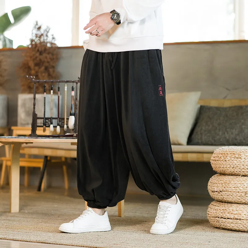 Winter Warm Thickened Polar Fleece Men's Harem Casual Pants Chinese Style Jogger Trousers Male Oversized Loose Lantern Pants