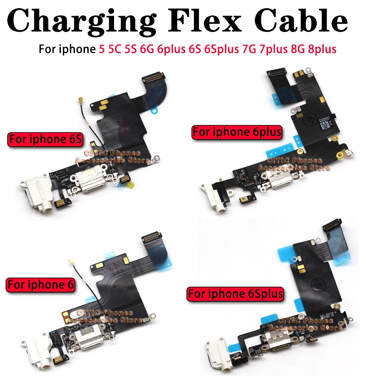 5 peças para iphone 6 6s 7 8 plus 5 s/c carregador de carregamento porta usb conector cabo flexível com microfone e fone de ouvido entrada de áudio