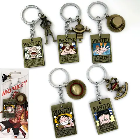 New Anime One Piece Wanted Poster Keychains Luffy Ace Metal Car Keyrings Pendants Accessories Ornament Kids Gift Toys