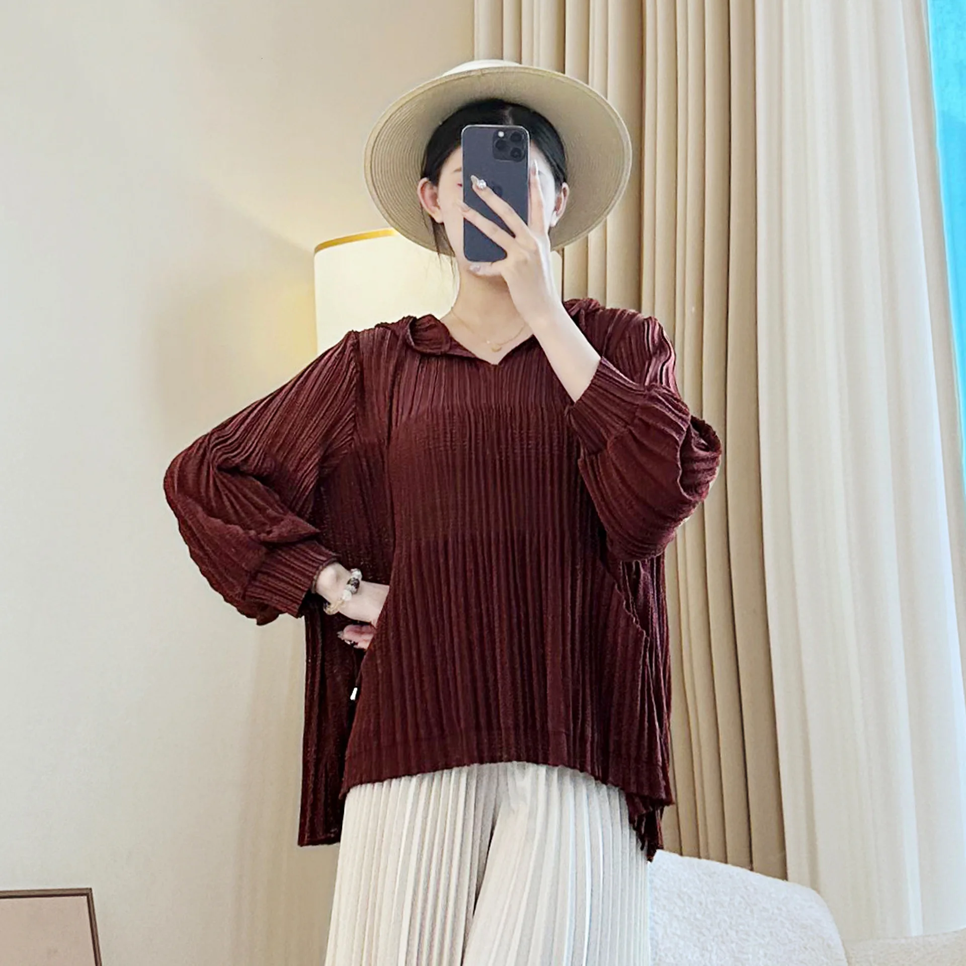 Damen Miyake Plissee Sweatshirt Chic Elastic Loose Casual Kapuzenpullover Tops Langarm Kordelzug Design Kleidung