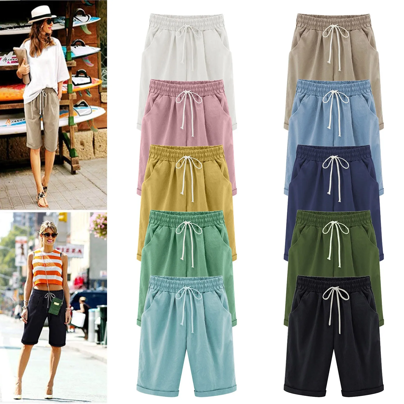 

Five Point Pants For Women Summer Cotton Pants Plus Size High Waisted Shorts Lacing Beach Trousers Knee Length Workout Pocket