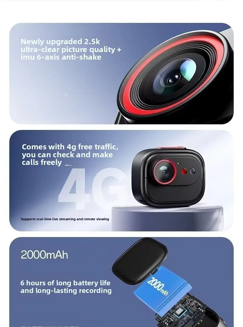 BC6V Portable Pocket Surveillance Camera, 4G No SIM Data VLOG Cam, Anti-shock Wireless HD Night Vision Recorder