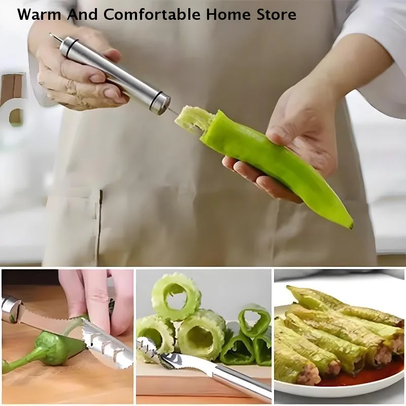 Extractor de Núcleos de Chile, Portátil, de Acero Inoxidable, para Calabacín, Pepino y Otros Vegetales, con Borde Dentado, Utensilio de Cocina Especial