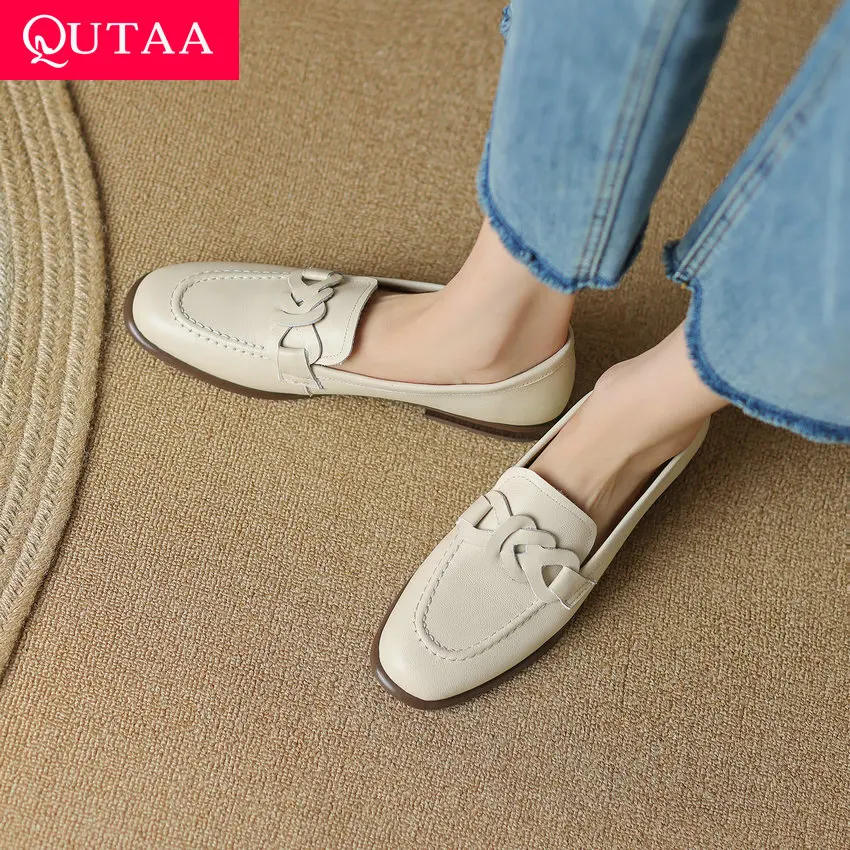 QUTAA 2023 Genuine Leather Women Pumps Classic Low Heels Office Lady Casual Loafers Shoes Woman Spring Summer Size 34-40