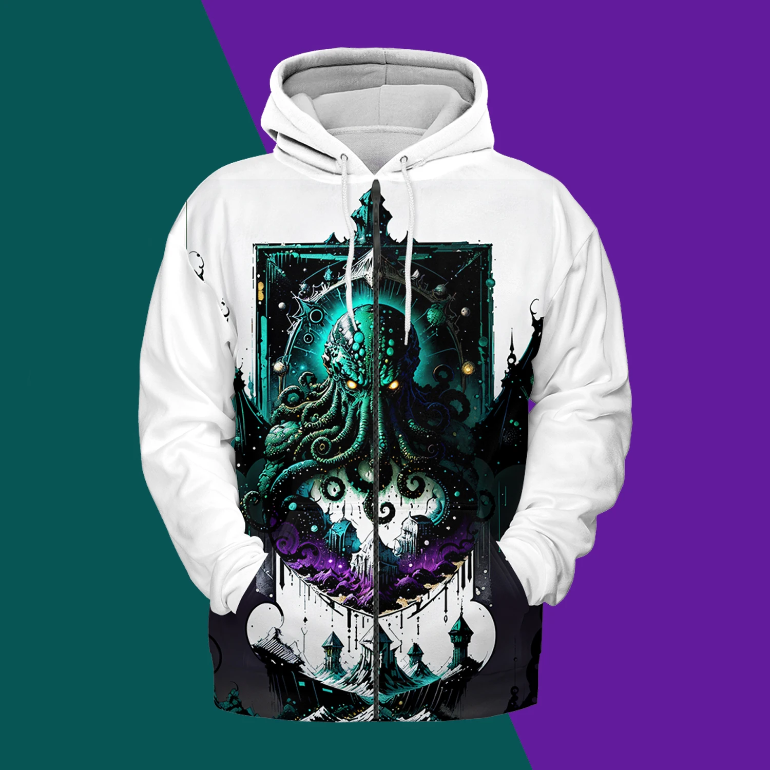 Jumeast God Cthulhu 3D Men Zipper Hoodies Dark Academia Horror Women Hooded Sweatshirts Gothic Green Clothing Halloween Coats