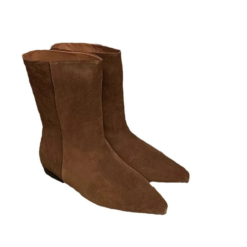 

Brown Suede Western Mid-calf Boots For Women Pointed Toe Slip-on Female Shoes Low Heels Footwear Phoentin FT4300