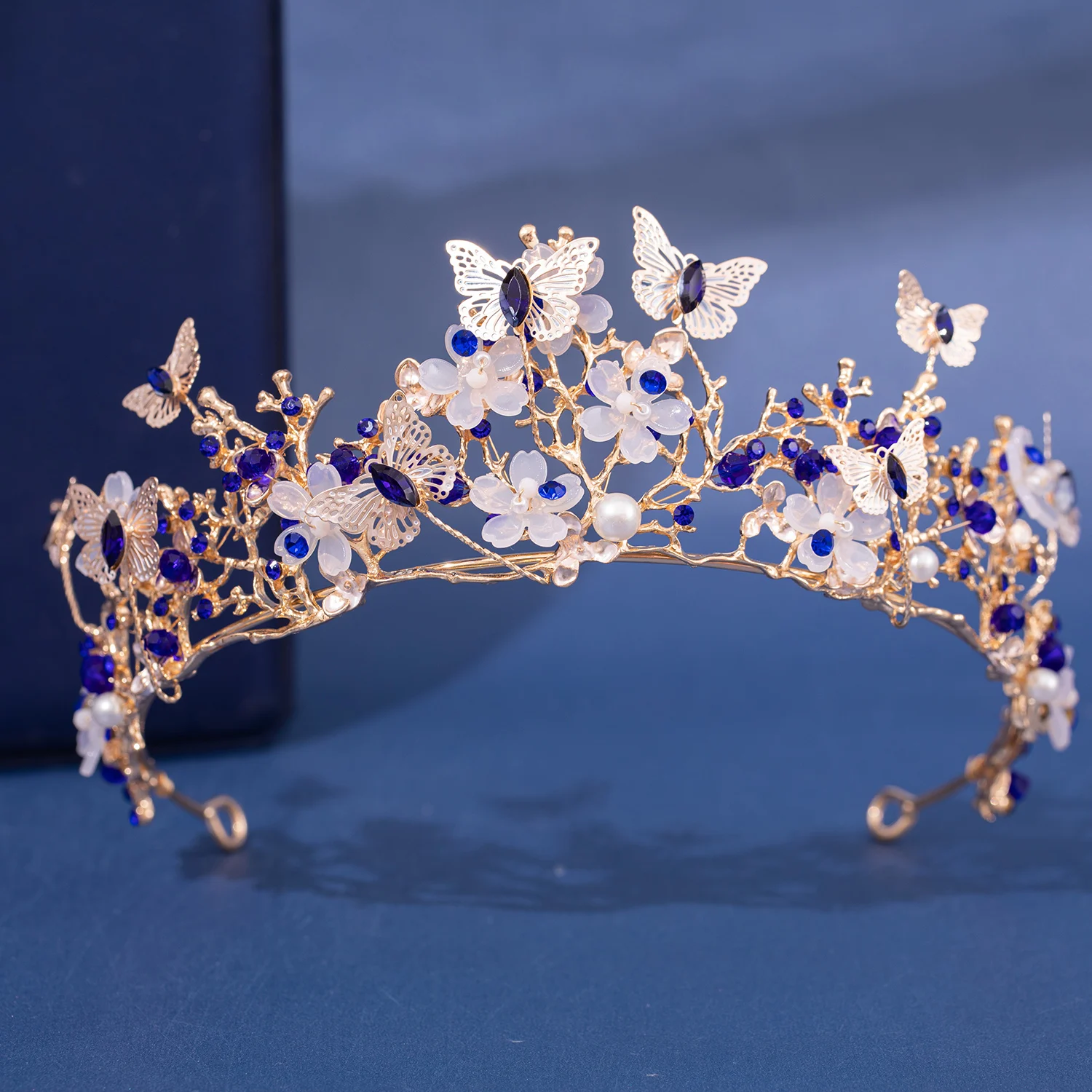 Handmade Bridal Pearl Rhinestone Crown, Tiara Butterfly Floral Crown, Wedding Gift, Floral Design Handmade Crown Hair Accessorie image 3