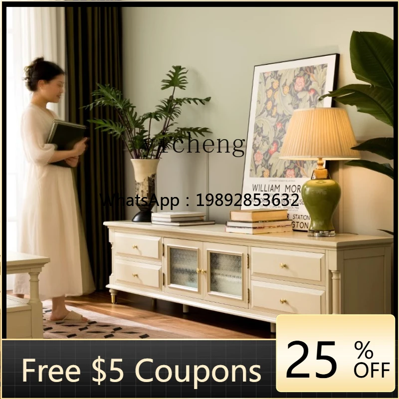 

DD solid wood TV cabinet cream white retro all solid wood white wind ash wood floor cabinet