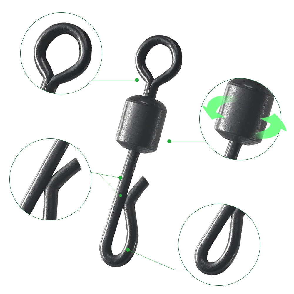 DNDYUJU 30pcs Matt Black Rolling Quick Change Swivels Carp Rigs Body Q-shaped Swing Snap Connector Carp Fishing Accessories