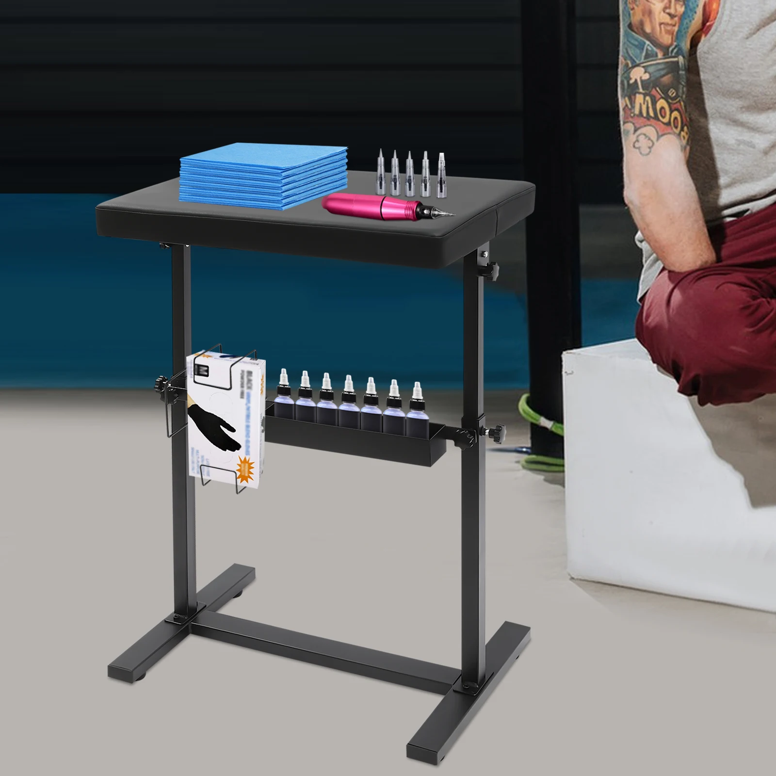

PU Panel Tattoo Armrest Stand Height Adjustable Armrest Bracket with Rack Storage Compartment for Tattooing the Arm Hand Wrist