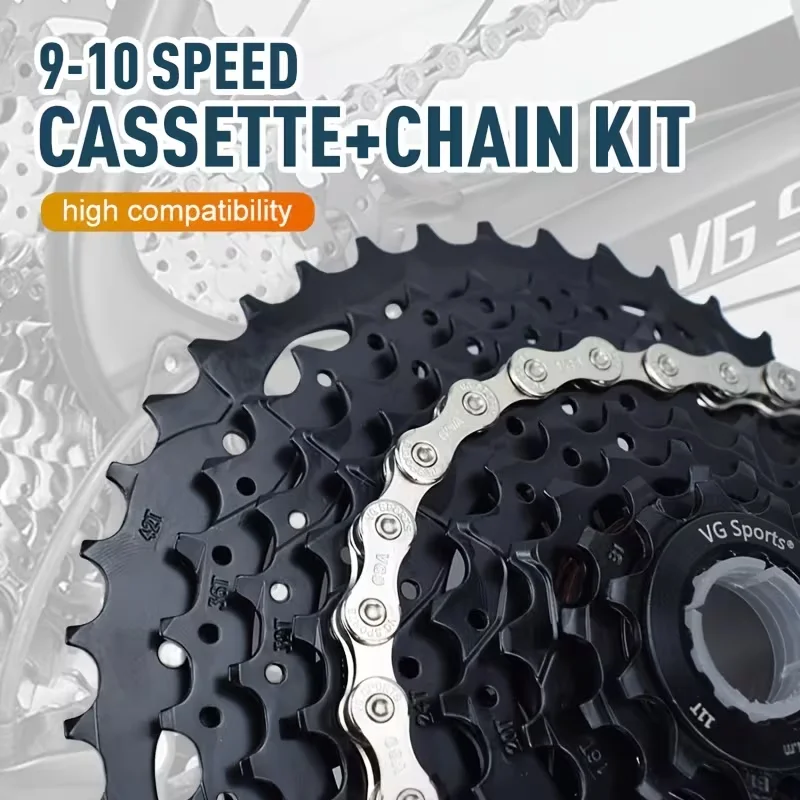 1 Stück VG SPORTS 9/10-Gang MTB Fahrradkassette mit Fahrradkette, passend für HG-Naben 9v 10v 11-40T 11-42T Mountainbike-Teile – Detail 2