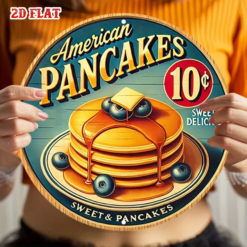 1 Stück Vintage Americana Pancake Metallblechschild – 7,87" runde Aluminium-Wandkunst mit Blaubeerverzierungen, Retro-Diner-Dekor für