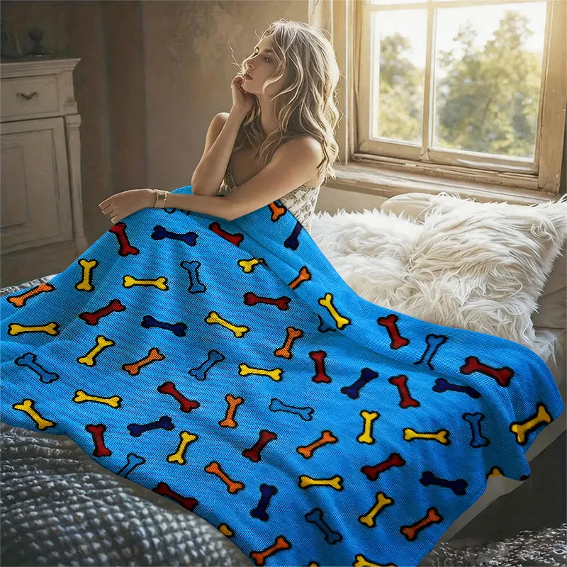 Colorful Dog Bones Blue Flannel Blanket Perfect for Sofa Office Bed Travel Sleep Read Relax Camping Four Season Use